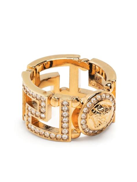 Versace: Gold Crystal Medusa Greca Ring 